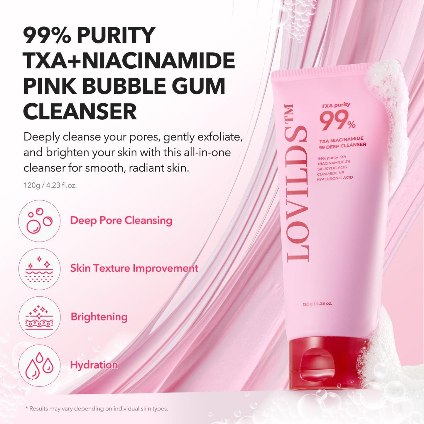 💗 LOVILDS™ 99% High-Purity TXA+Niacinamide Pink Bubble Gum Cleanser for Deep Cleansing, Blackhead Removal & Pore Refinement