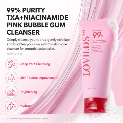 💗 LOVILDS™ 99% High-Purity TXA+Niacinamide Pink Bubble Gum Cleanser for Deep Cleansing, Blackhead Removal & Pore Refinement