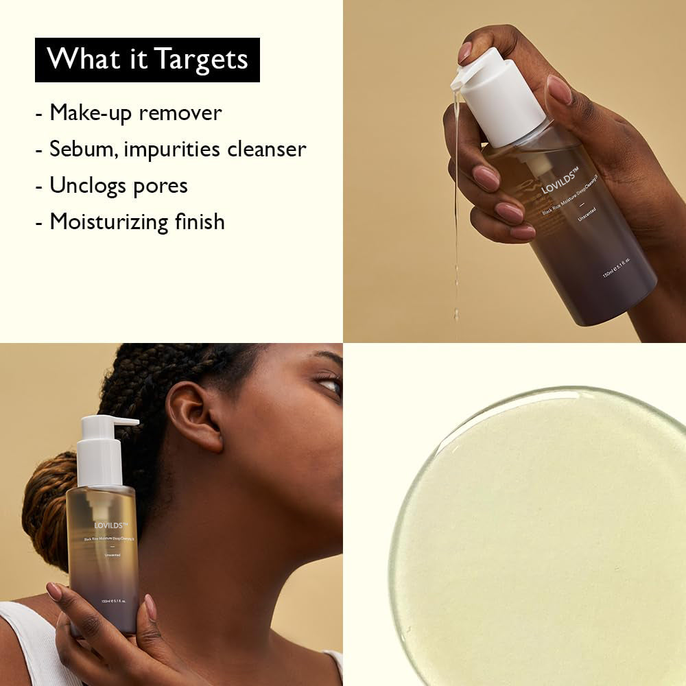 🌿 LOVILDS™ Black Rice Moisture Cleansing Oil 5.1 fl oz - Daily Makeup Remover & Double Cleansing Pore Cleanser, Korean Skincare for All Skin Types